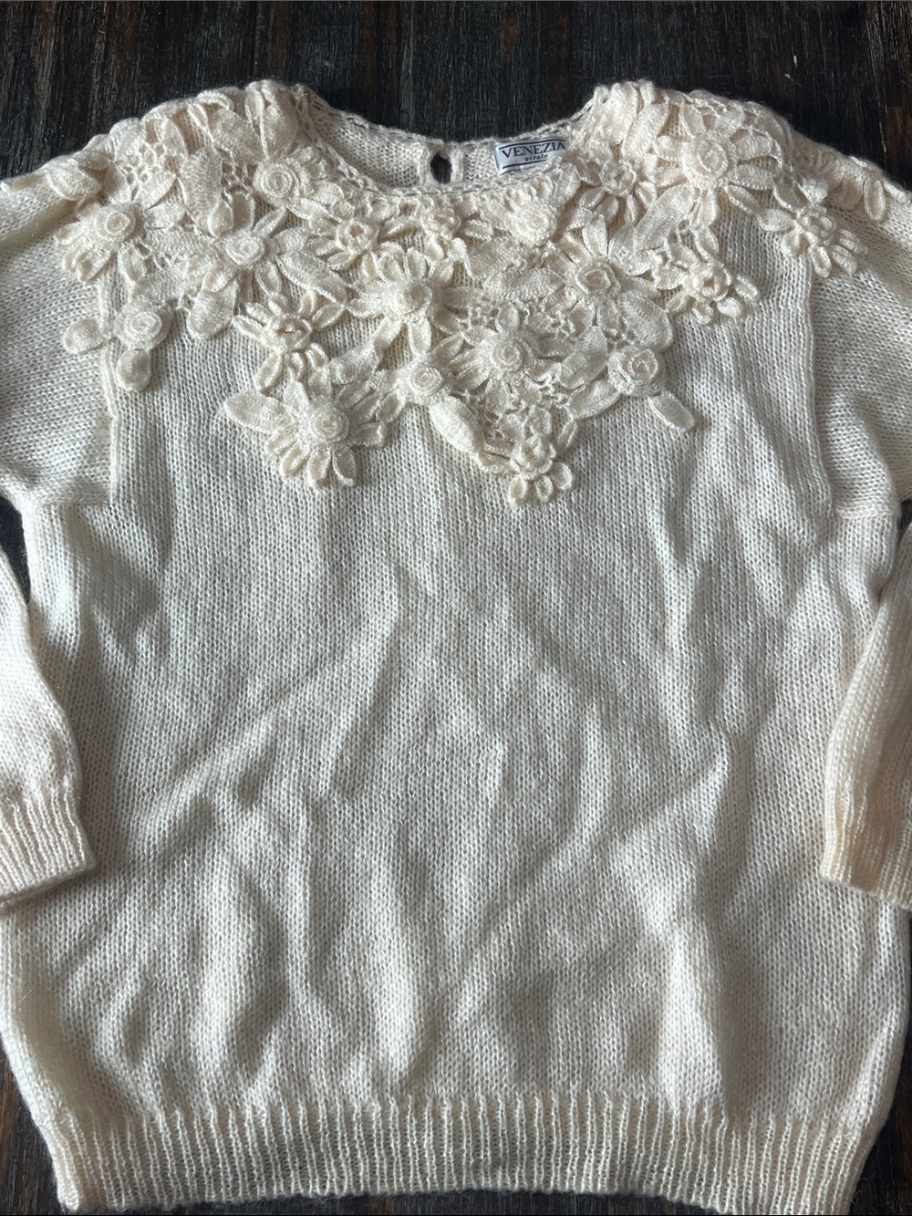 Vintage Venezia Cream Floral Lace Yoke Knit Wool Blend Sweater